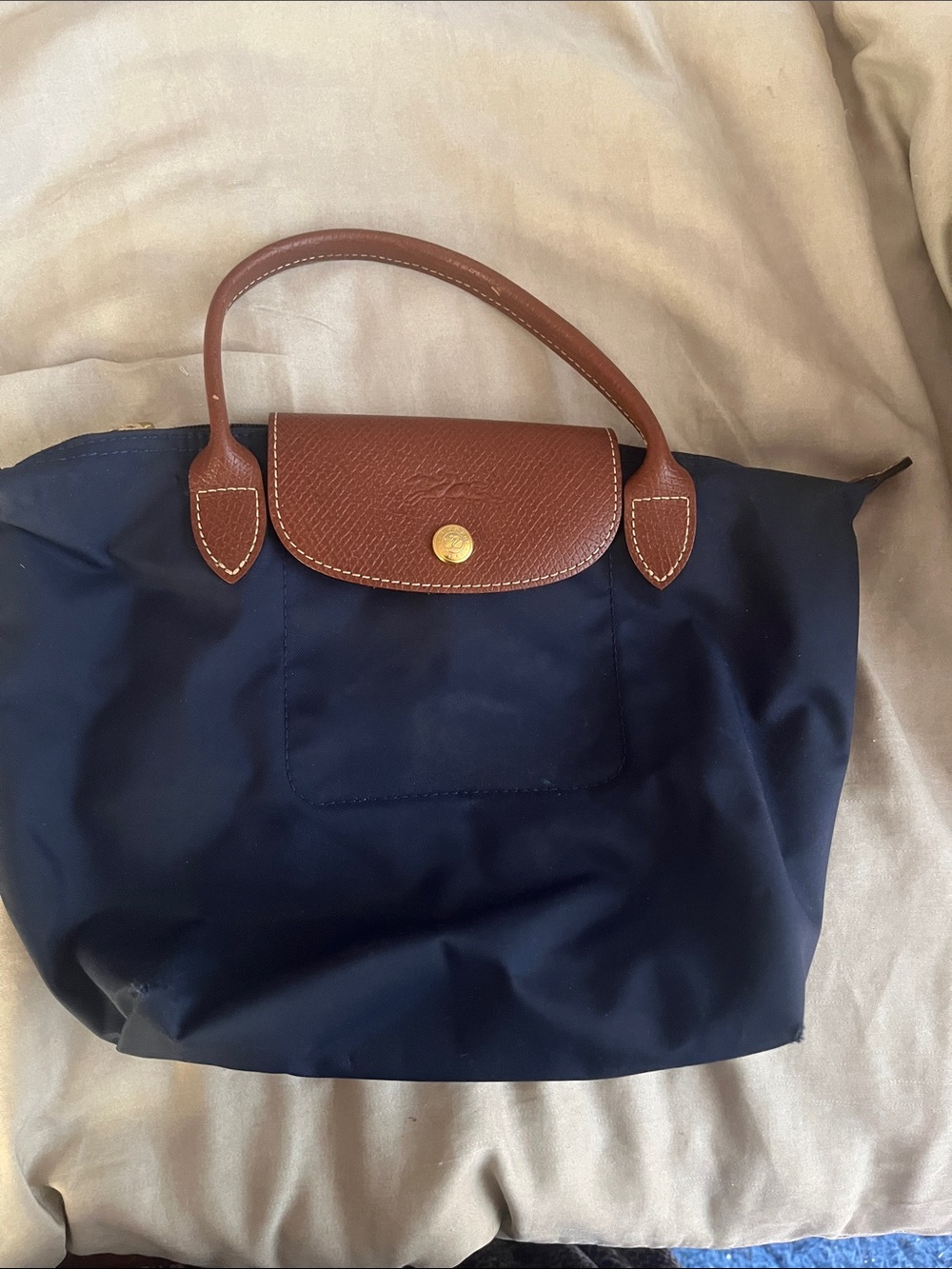 Small Longchamp Navy Tote with Brown Leather Trim